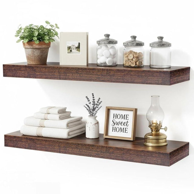 Emaraly Floating Shelves for Wall,Wall Shelves for Decor Storage,Display Shelving 24 inch Set of 2,Wall Mounted Wood Shelf for Bedroom,Living Room,Bathroom,Kitchen,Brown (2pcs,Brown)