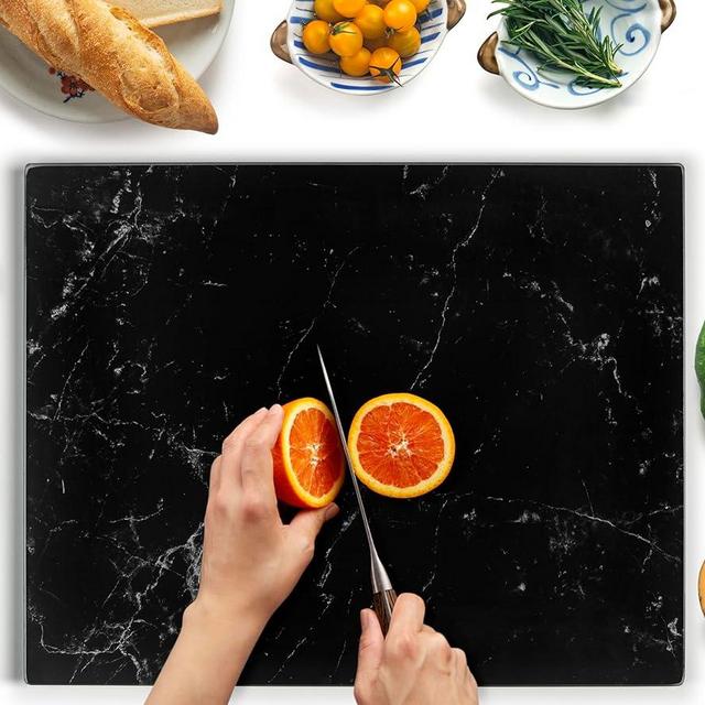 Kitchenville Tempered Glass Cutting Board 16"x20" : Kitchen Counter Protector, Heat & Scratch Resistant, Non-Slip Feet - DESIGN 1 - Black Marble Effect - Large