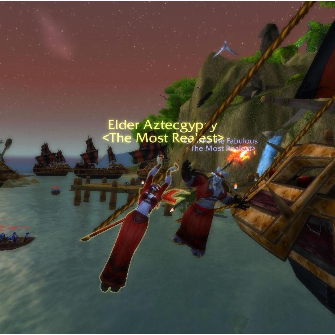 2018- Jumping from a burning pirate ship in World of Warcraft. Saltando de un barco pirata en llamas en World of Warcraft.