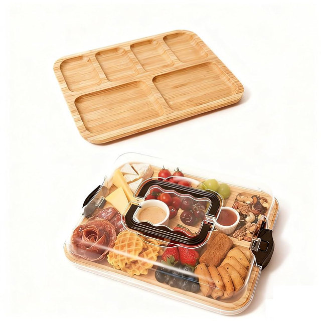 Portable Charcuterie Board with Lid - 2-in-1 Bamboo Cheese Board & Snack Tray w/Locking Compartments - Ideal for Picnics, Travel, Parties - Housewarming Gift Set