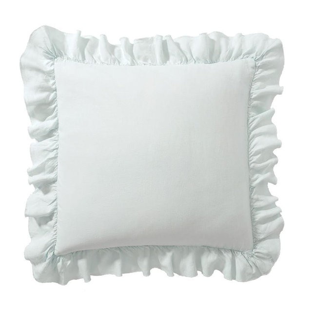 Blue Frost Belgian Flax Linen Fringe Ruffle Euro Shams, Set of 3