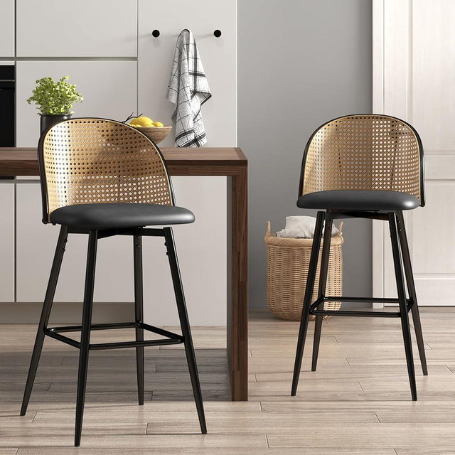TYBOATLE Bar Stools Set of 2 Rattan Swivel 29" Height Barstools for Kitchen Counter Island Mid Century Modern Boho Bar Stool Chairs with Metal Legs Woven Stools Upholstered Black Faux Leather (Black)