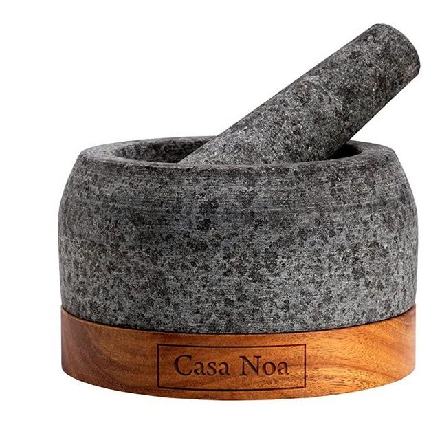 Casa Noa Mortar and Pestle Set with Wood Base - Heavy & Solid Unpolished Granite - 100% Natural, Large Guacamole Bowl, Stone Grinder, Molcajete Bowl, Anti-Scratch, 1.8 Cup Capacity, 5.8-Inch Pestle
