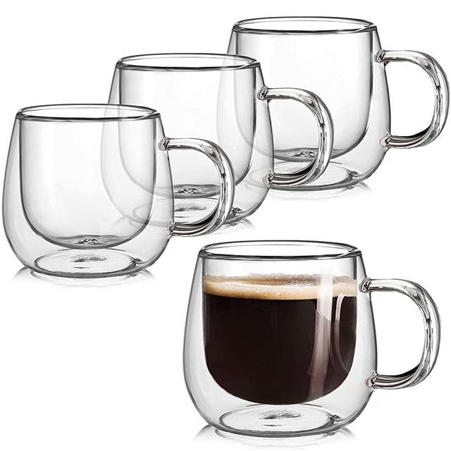 Double Wall Glass Coffee Mugs 10oz Set of 4 Insulated Clear Tea Cups with Handle, Perfect for Espresso, Latte and Cappuccinos