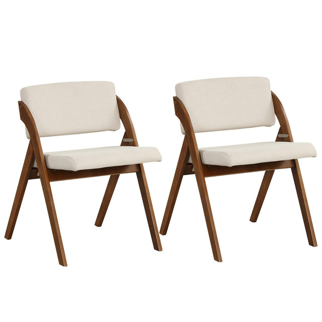 Costway Set of 2 Dining Chairs Folding Kitchen Chair w/ Rubber Wood Legs Padded Seat Walnut & Beige