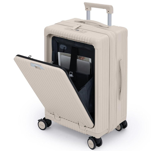 Nobl Travel Carry On Expandable Luggage, Noble Aluminum Frame PC Hard Shell Suitcase, 22.5”x14.2”x9.8” Airline Approved, 360° Spinner Wheels, TSA Locks, USB Charging, Cup & Phone Holder - Beige