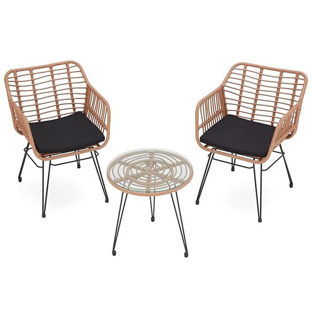 KROFEM 3 Piece Wicker Patio Bistro Furniture Set, Includes 2 Chairs and Glass Top Table, Ideal for Porch, Outdoor, Backyard, Apartment, Balcony Natural Color