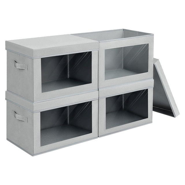 Homsorout Storage Bins with Lids, Fabric Storage Bins with Handles, Storage Boxes with Window, Closet Organizers and Storage for Clothes, Books, Towels (Grey, Set of 4)
