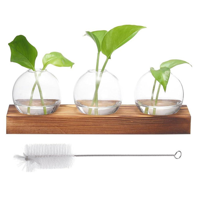 PATIKIL Plant Propagation Stations Glass Vases, Small Desktop Plant Terrarium Container with Wooden Tray 3 Bulb Flower Vase for Hydroponic Office Home Decor Plants Indoor