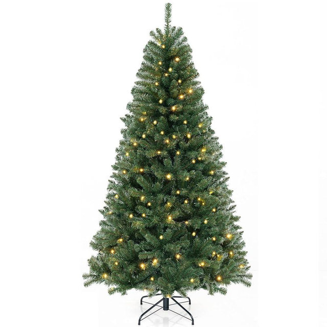 GOFLAME 7FT Prelit Artificial Christmas Tree, Hinged Xmas Tree with 830 Branch Tips, 250 Warm White LED Lights, 8 Lighting Modes, Holiday Decoration Tree for Home Office Party