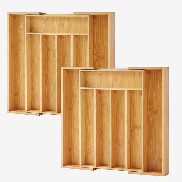 ORIDOM 2-Piece Bamboo Silverware Organizer, Expandable Kitchen Drawer Organizer for Cutlery and Utensils, Multifunction Adjustable Bamboo Wood Cutlery Tray in Drawer for Flatware, (Natural)