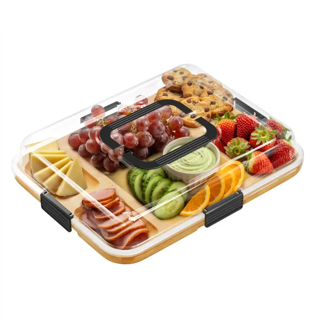 Charcuterie Board with Clear Lid, Bamboo Cheese Cutting Board with 5 Compartments, Picnic Serving Tray with Black Handles