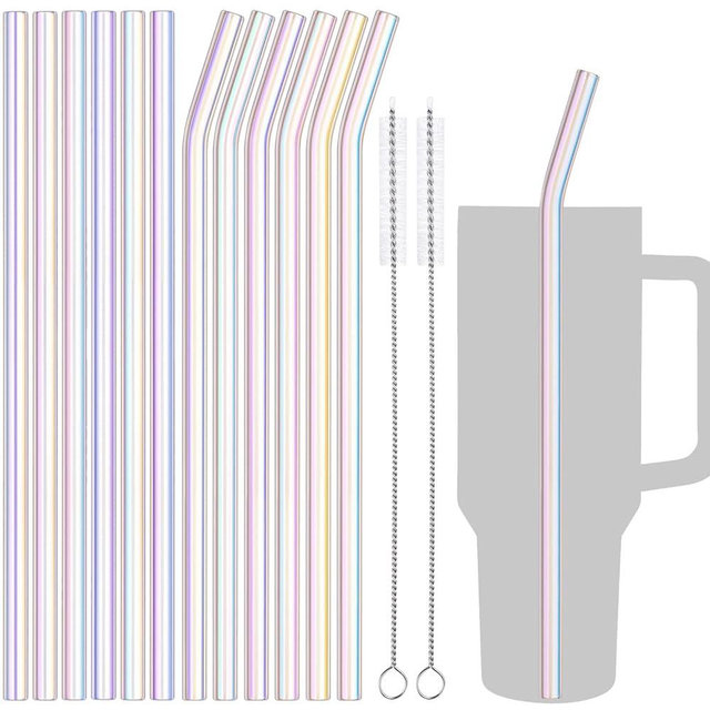 NiHome 12-Pack Iridescent Glass Drinking Straws Fit for 30oz 40oz Stanley Tumbler, 12’’ Clear Reusable Straws Fit for Stanley Cup, 6 Straight & 6 Bent Straws w/ 2 Brushes for Milkshakes, Frozen Drinks