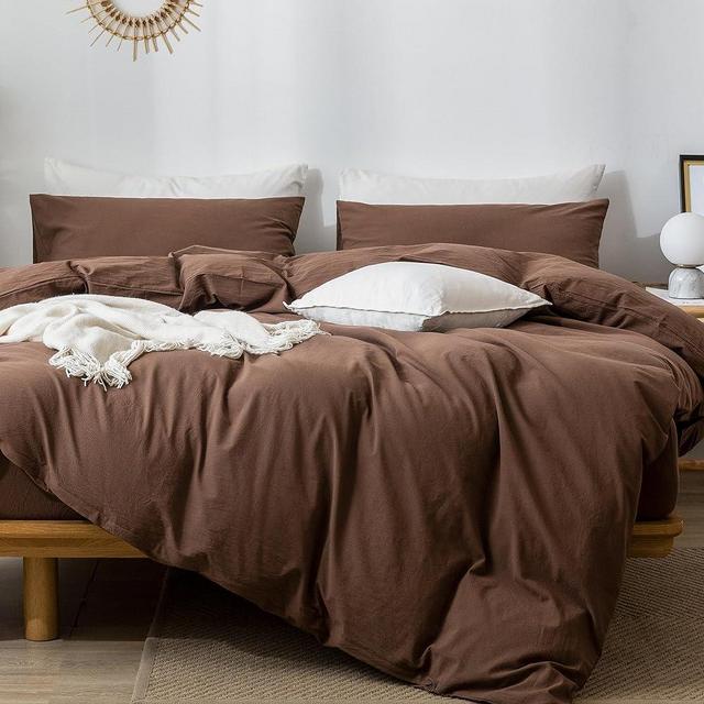 MooMee Bedding Duvet Cover Set 100% Washed Cotton Linen Like Textured Breathable Durable Soft Comfy(Cocoa Brown,King)