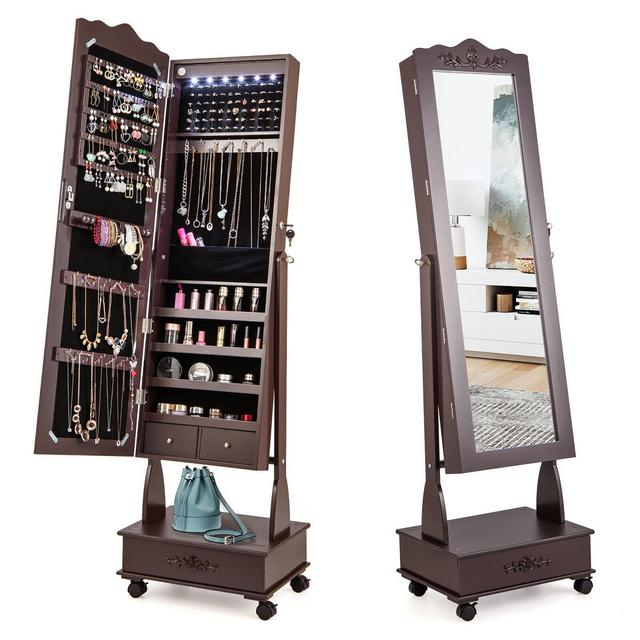 Tangkula Rolling Jewelry Cabinet Armoire Full Length LED Mirror Lockable w/ Drawer Brown