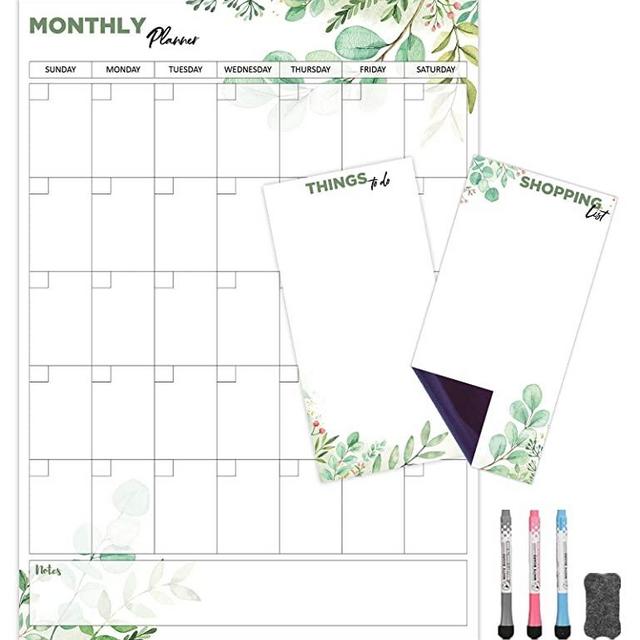 Monthly Magnetic Calendar for Refrigerator (Leaf) | Set of 3 Vertical Magnetic Dry Erase Board: Magnetic Fridge Planner 12 x 17 Inch, Shopping List & to Do List 4 x 8 Inch | 3 Markers & 1x Eraser