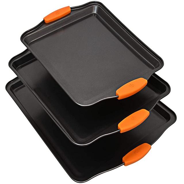 Baking Sheets for Oven Nonstick Cookie Sheet Set - 3 Piece Steel Bakeware Set with Orange Silicone Grips Cooking Tray Non Stick Half Sheet Pan Baking Rack, Small Medium Large Trays for Cake Cookies
