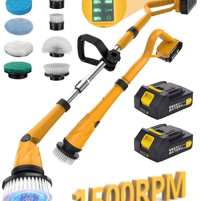 Qimedo 1500 RPM Electric Spin Scrubber with Two Batteries Q2 Pro, Cordless Battery Powered Shower Scrubber,Electric Tile Floor Scrubber with Display for Grout/Tile/Tub (Effortless Handle/8 Brushes)
