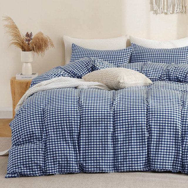 TOCOMOA Navy Blue Gingham Duvet Cover Bedding Set 100% Washed Cotton Like Linen Feel Super Soft Comfy 3 Piece Dark Blue Plaid Checkered Comforter Cover Set (King 104"x90", Comforter Not Included)