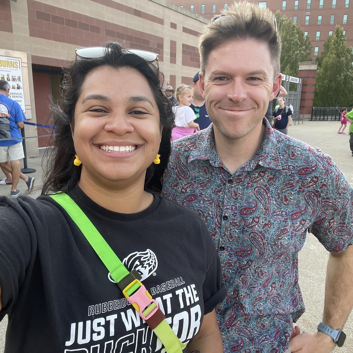 Our first date was at an Akron RubberDucks baseball game. Since then, we’ve recreated our first date on our anniversary! Such a fun tradition 🥰