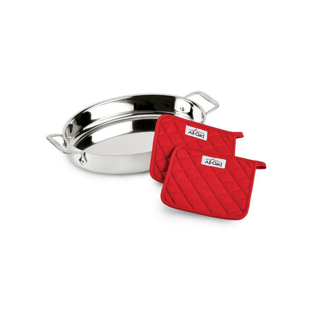 All-Clad 15 Inch Oval Baker with 2 Red Pot Holders, Stainless Steel, Gourmet Accessories