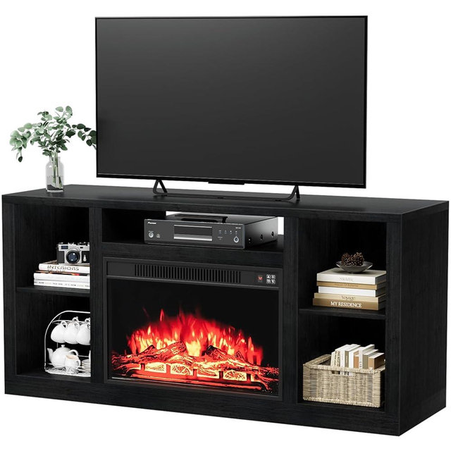 YESHOMY Electric Fireplace TV Stand for Televisions up to 65+ Inch, Media Entertainment Center Console Table with Four Open Storage Shelves & Cabinets, 58 Inch, Dark Black