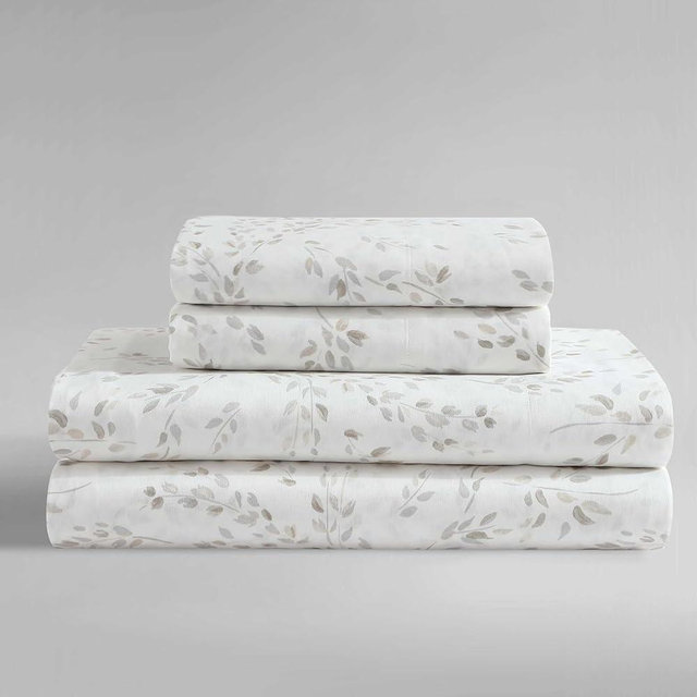Calvin Klein - Queen Bed Sheets, Silky Smooth Sateen Cotton Bedding Set with Deep Pockets, Oeko-TEX Certified (Airy Botanical Beige, Queen)