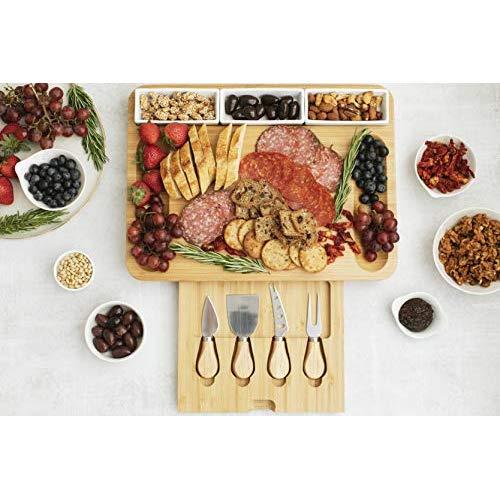 Home Euphoria Natural Bamboo Cheese Board and Cutlery Set with 3 Rectangular Ceramic Ramekins. Serving Tray for Wine, Crackers, Charcuterie. Perfect for Christmas, Wedding & Housewarming Gifts.