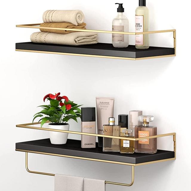 Shario Black Floating Shelves - Set of 2, Wall Mounted Hanging Shelves with Golden Towel Rack, Decorative Storage Shelves for Bathroom, Kitchen, Living Room & Bedroom (Black)