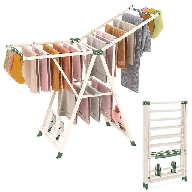 COSTWAY Clothes Drying Rack, Foldable 2-Level Laundry Drying Rack with Adjustable Wings, 16 Drying Rails, 28 Sock Clips & 4 Shoe Racks, Space Saving Metal Clothing Racks for Indoor & Outdoor, Beige