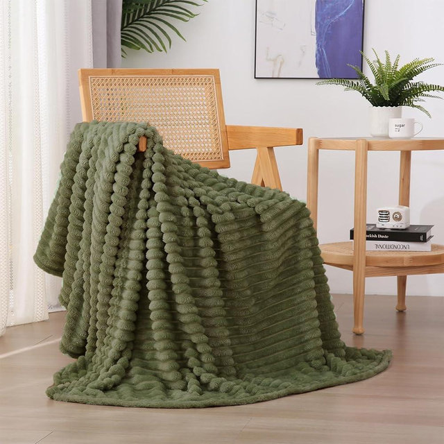 Linecooo Olive Green Fleece Throw Blanket 60”×80” for Couch Sofa Bed,Super Soft Cozy Plush Microfiber Flannel Blanket with Stripes Design Lightweight for Adults,Woman,Girls