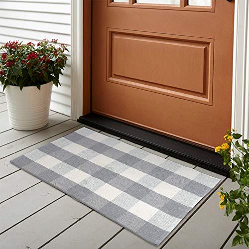 KIMODE Cotton Buffalo Plaid Rug 24'' x 35' Gray/White Hand-Woven Checkered Welcome Door Mat, Washable Floor Rugs for Porch Kitchen Bathroom Laundry Living Room Braided Throw Mat