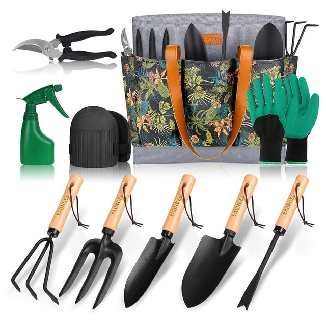 Garden Tools Set, YAUNGEL Gardening Tools Heavy Duty Stainless Steel Gardening Supplies Hand Tools with Wooden Handle, Storage Tote Bag, Ideal Gardening Gifts for Women and Men, Black