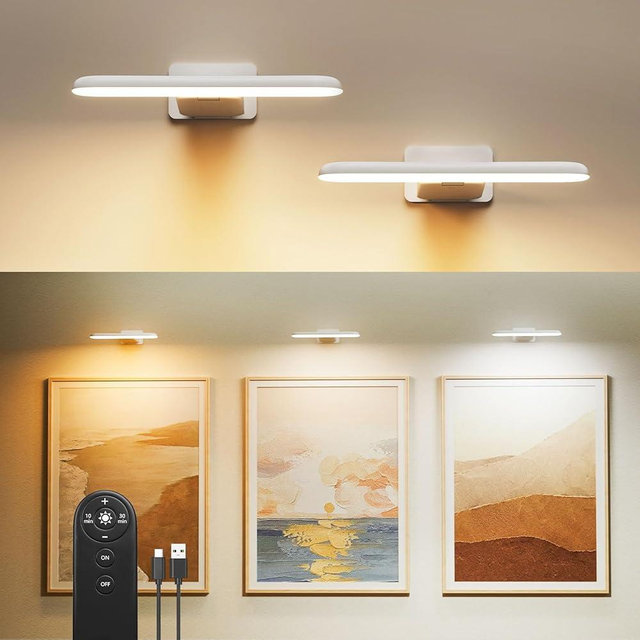FULEN Picture Lights Battery Operated, Rechargeable Picture Frame Lights for Wall, LED Cordless Wall Lights for Arts,Paintings,Gallery&Dartboard,3 Color Temperatures, Remote Control,White,2 Pack