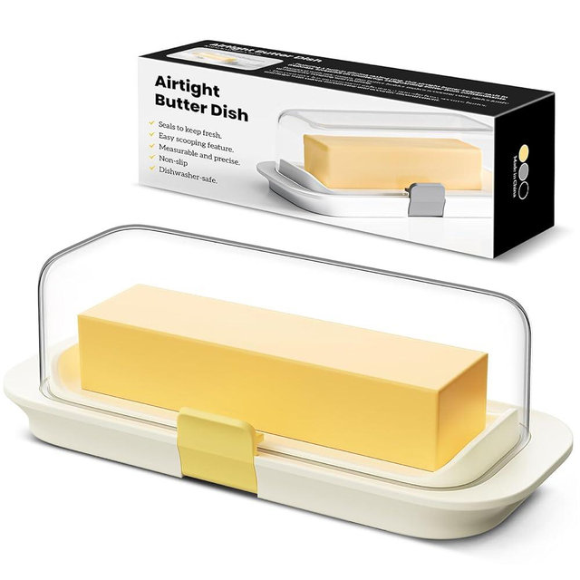 Butter Dish with Lid for Countertop and Refrigerator Door Shelf, Airtight Butter Keeper Container, Locking Butter Holder for East/West Coast Butter, BPA-free, Microwave/Dishwasher Safe