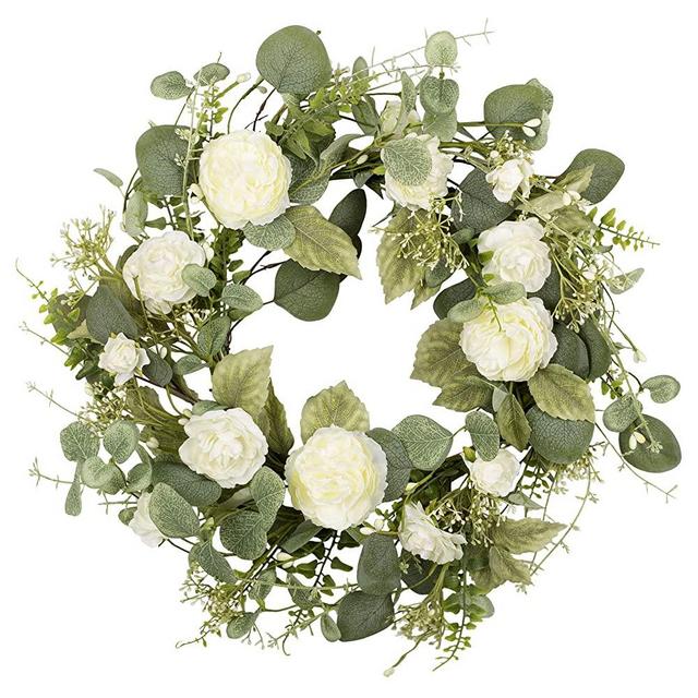 18 inch Artificial Spring Wreath White Peony Floral Wreath for Front Door Wall Wedding Party Home Decor