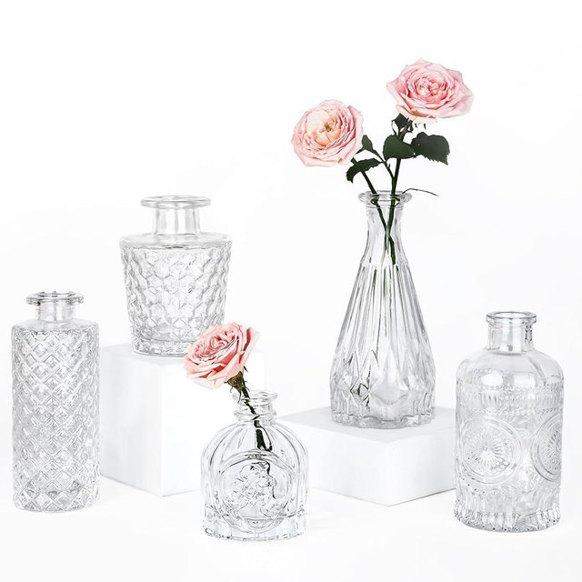 TBWIND Glass Bud Vase Set of 5, Small Clear Flower Vases for Centerpieces in Bulk, Mini Vintage Vase for Wedding Decor, and Home Table Décor
