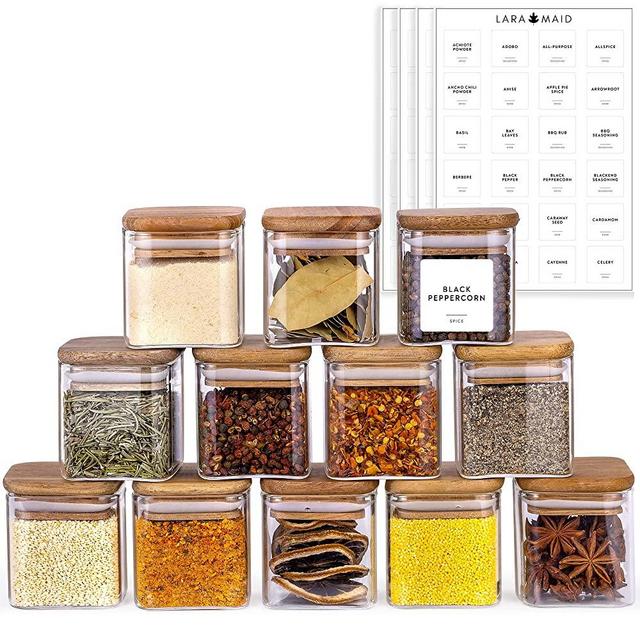 Laramaid 5Oz 12Pack Square Spice Jars with Natural Acacia Lids and 144 Minimalist White Spice Labels, Food Storage Container Canisters for Home Kitchen, Spice, Herbs, Seasoning, Seed, Tea, Sugar, Salt