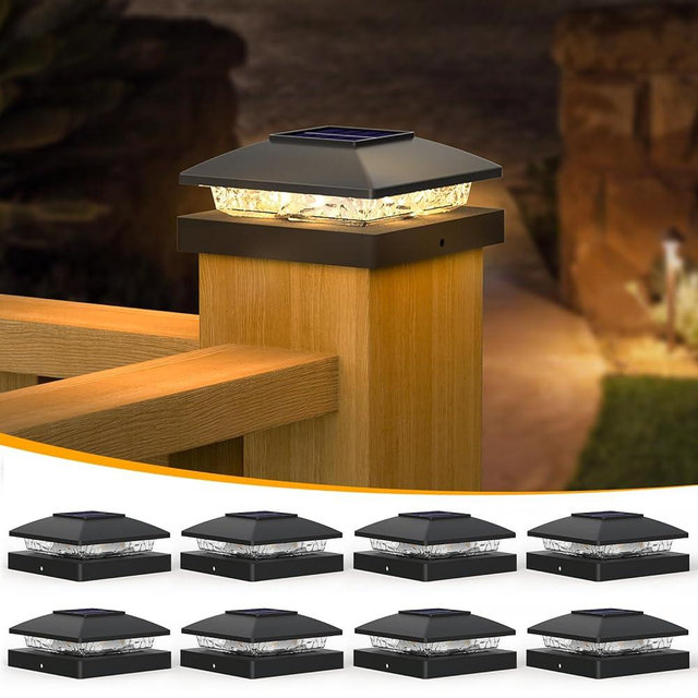 APONUO 4x4 Solar Post Cap Lights, 8 Pack Black for Wood/Vinyl Posts - IP64 Waterproof, 3000K Warm White LED, No-Wire Fence Lights & Deck Lights for Patio Garden Yard Patio