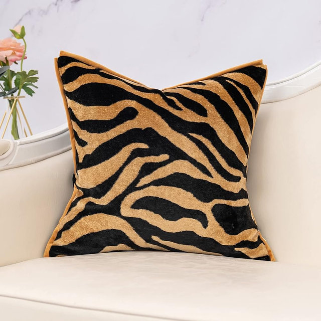 Yangest Black and Gold Square Pillow Cover Cut Velvet Zebra Print Cushion Cover Luxury Modern Pillowcover for Couch Living Room Bedroom,18x18 Inch