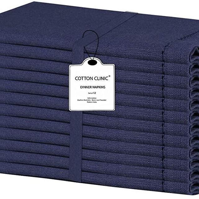 Cotton Clinic 12 Pack Farmhouse Hemstitched 18x18 Cloth Dinner Napkins, 100% Slub Cotton Fabric Cocktail Napkins, Wedding Dinner Napkins with Mitered Corners - Navy