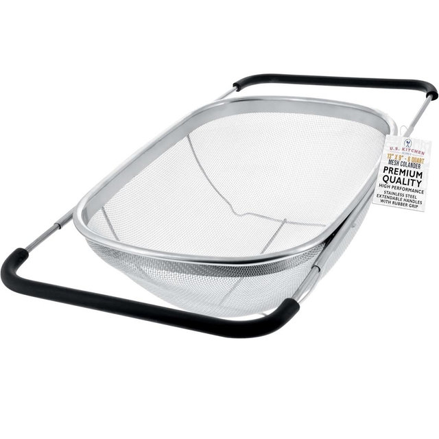 U.S. Kitchen Supply Stainless Steel Colander Strainer - 6-Quart Collapsible Colander with Expandable Rubber Handles - Rectangular Sieve, Fine Mesh Stainless Steel Strainers and Colanders for Kitchen