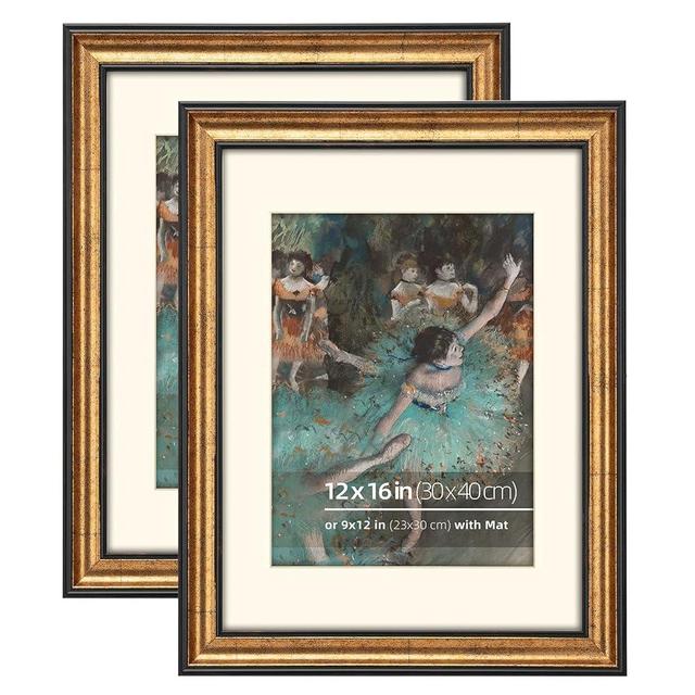 DUCIHBA 12x16 Antique Gold with Dark Brown Border Trim Wood Ornate Vintage Classic Picture Frame, With Mat 9x12 inches, Plexi Glass Cover, Horiztonal or Vertical Display, 2 Pack