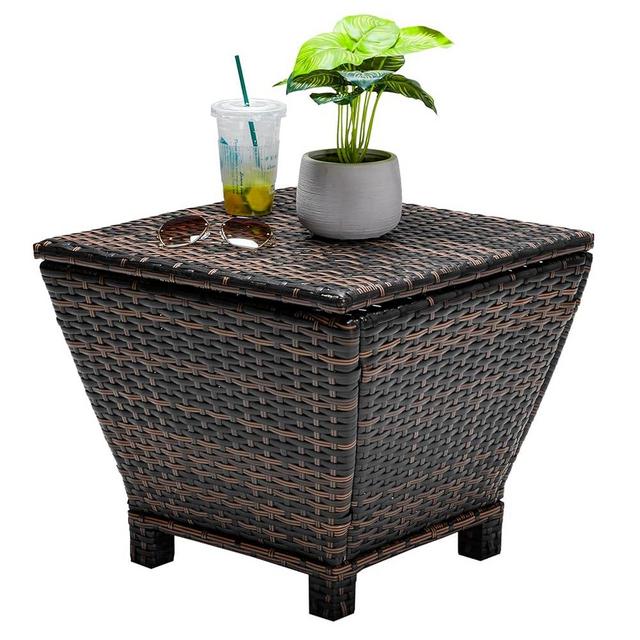 VINGLI Outdoor Side Table with Storage, 13-Gallon Patio Deck Box Outdoor Wicker Side Table for Poolside Balcony Storage Table (Brown, Trapezoid)