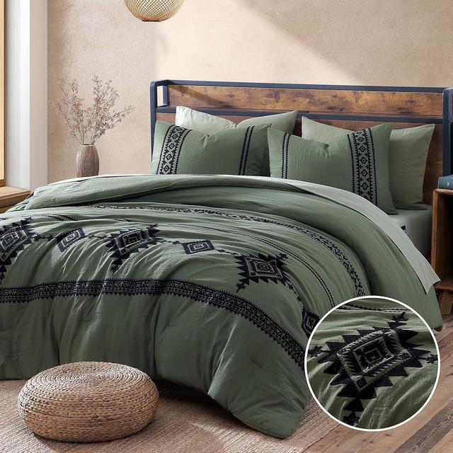 MaiRêve Embroidery Comforter Set, Boho Farmhouse Western Bedding Set, All Season Bed in A Bag Comforter Set with Sheets, Pillowcases & Shams, Olive Green California King 7 Pieces