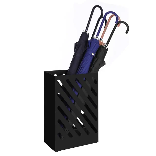SONGMICS Metal Umbrella Stand, Rectangular Umbrella Holder Rack, with a Removable Drip Tray, 4 Hooks, Hollow-Out Design, for Entryway, Office, Black
