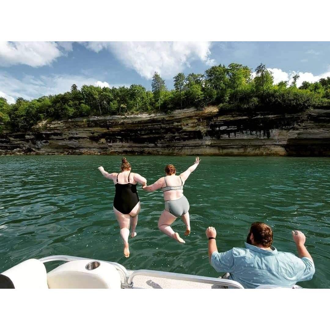 Katie and Liana jumping into Lake Superior at Pictured Rocks with our biggest supporter!