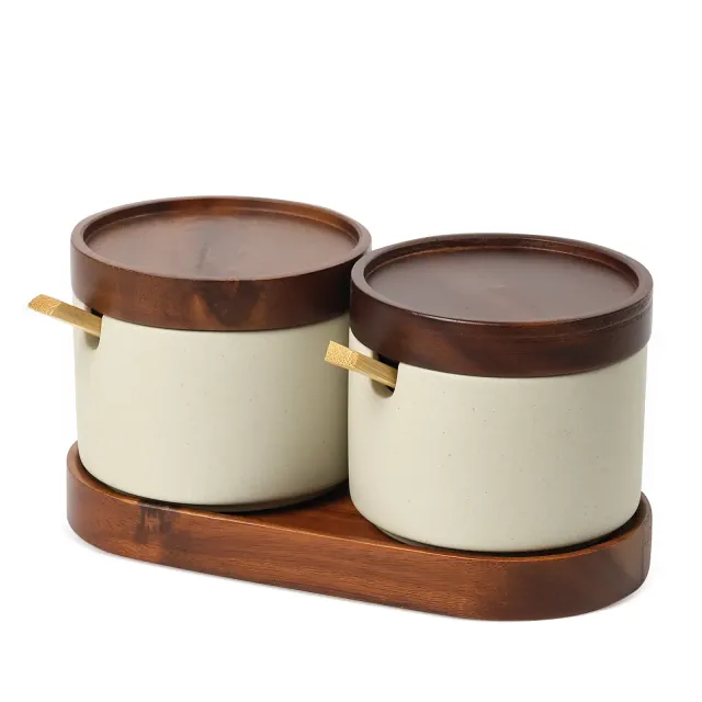 Garnen Wooden Tray Spice Jars Set, Ceramic Spice Containers, Condiment Container with Lid, Decorative Ceramic Spice Jars Organizer with Spoon, Beige