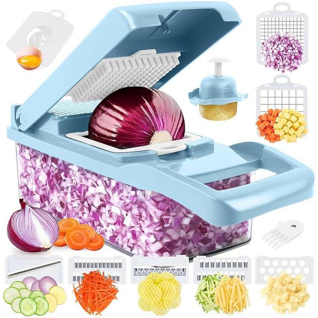 Vegetable Chopper, Pro Onion Chopper, Multifunctional 13 in 1 Food Chopper, Kitchen Vegetable Slicer Dicer Cutter,Veggie Chopper With 8 Blades, cheese grater Garlic Chopper With Container (Blue)