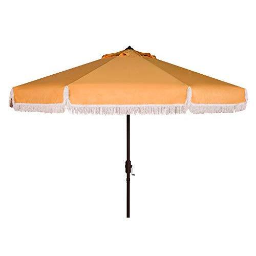 Safavieh PAT8008D Collection Milan Fringe Yellow and White Trim 9Ft Crank Outdoor Push Button Tilt Umbrella